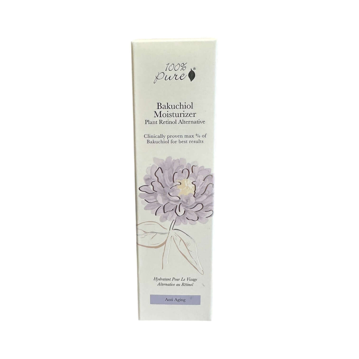 Bakuchiol Moisturizer 50ml product packaging showcasing its anti-aging benefits and 100% pure ingredients.