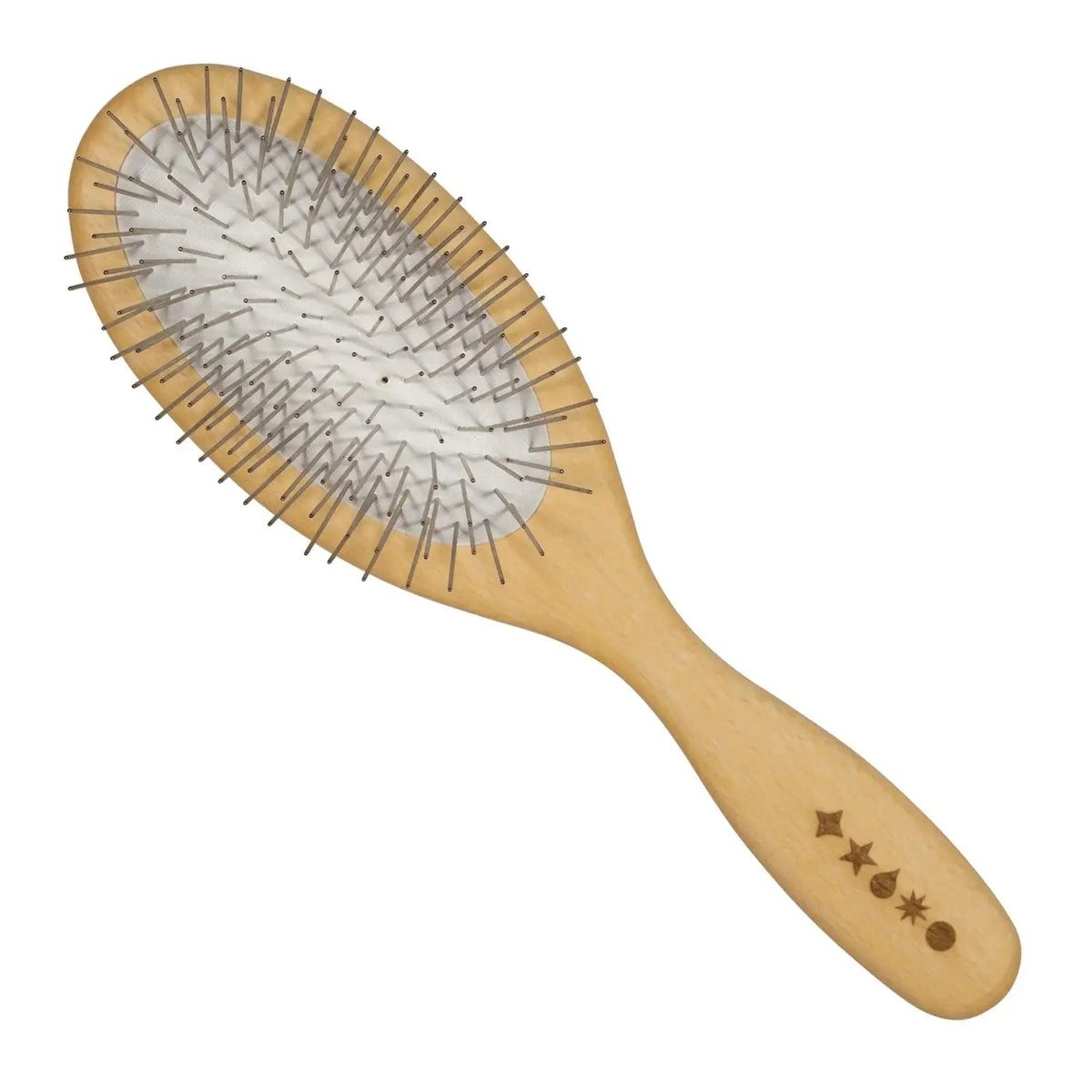 Beechwood Brush with rounded metal pins for scalp massage and hair oil distribution.