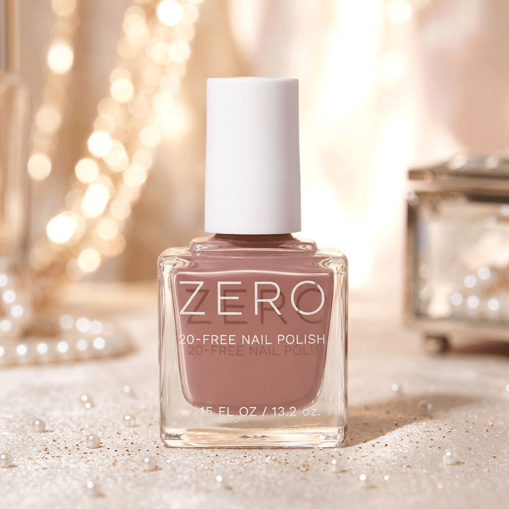 Bottle of ZERO nail polish with a soft pink color on a blurred background