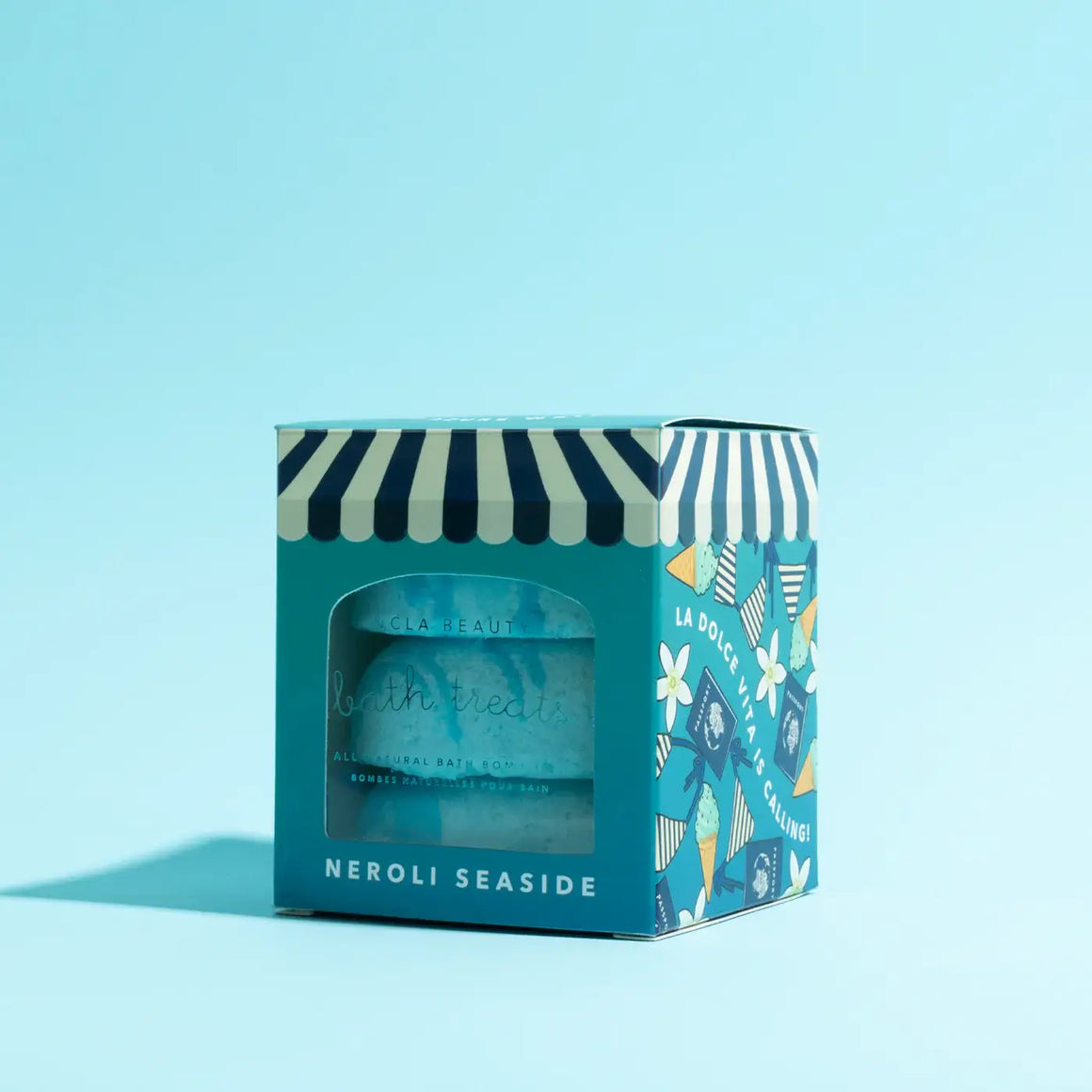 Teal product packaging with striped design on a light blue background