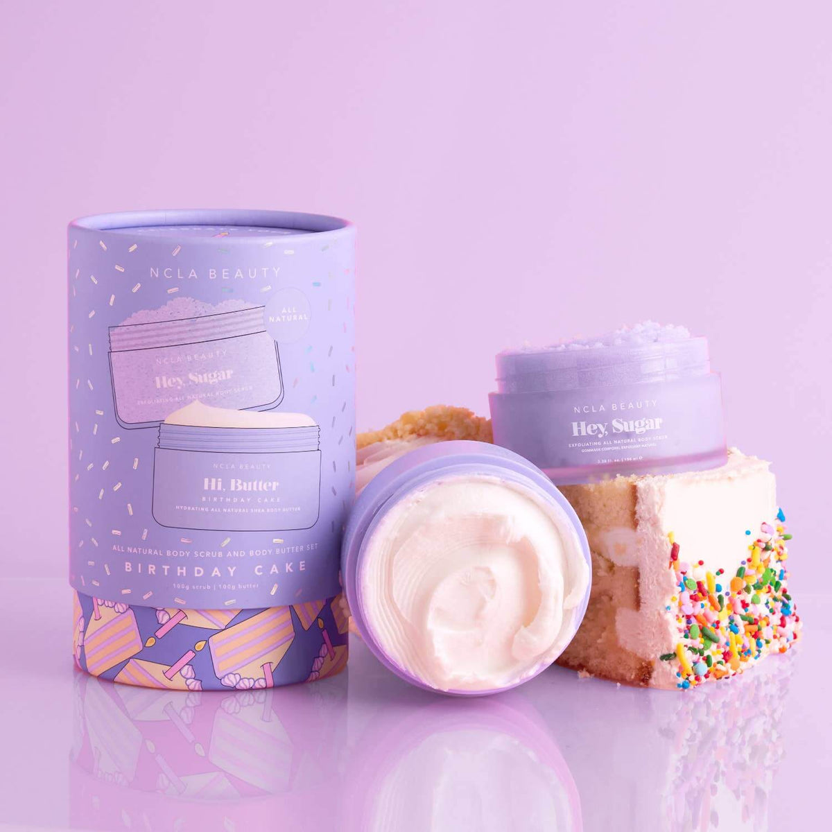NCLA Beauty 'Hey Sugar' birthday cake-themed product on a light purple background