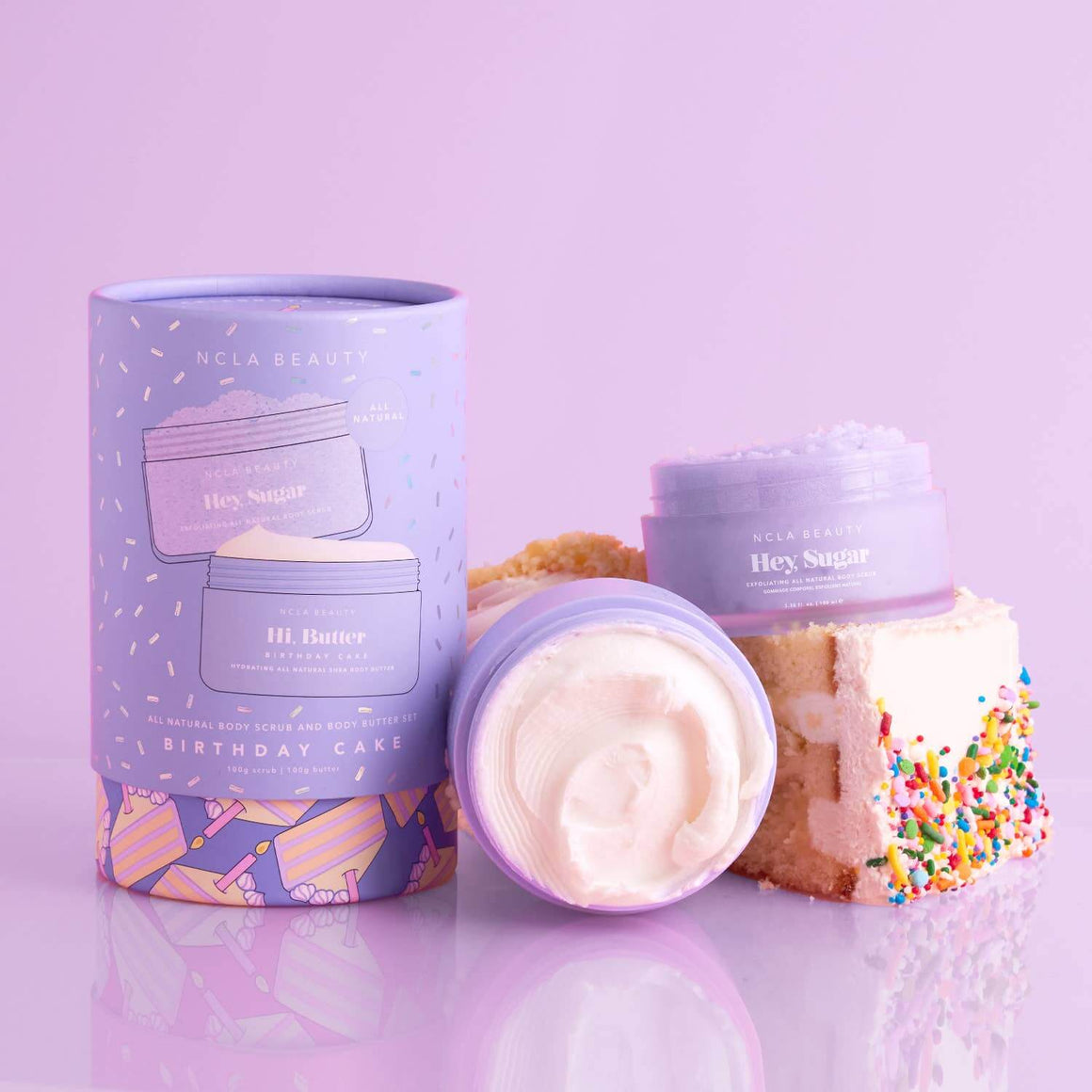 NCLA Beauty 'Hey Sugar' birthday cake-themed product on a light purple background