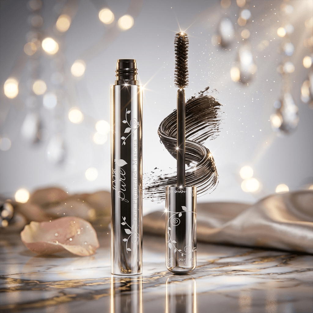 Mascara with wand on a marble surface with blurred lights in the background