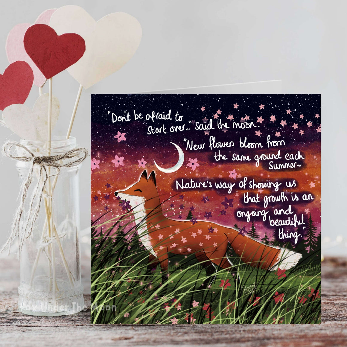 'Bloom' - Greeting Card From Fox Under The Moon featuring a fox and inspirational quote about growth.