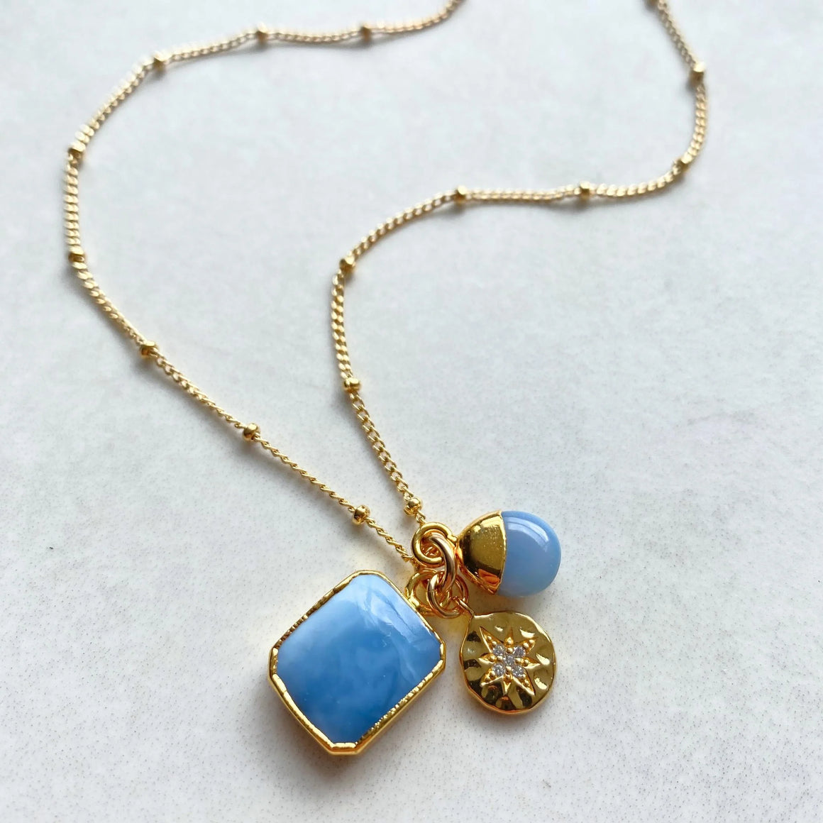 Blue Opal Gem Slice Triple Necklace - Purity (Gold Plate)