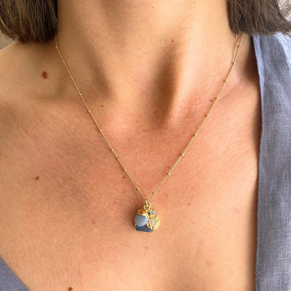 Blue Opal Gem Slice Triple Necklace - Purity (Gold Plate)
