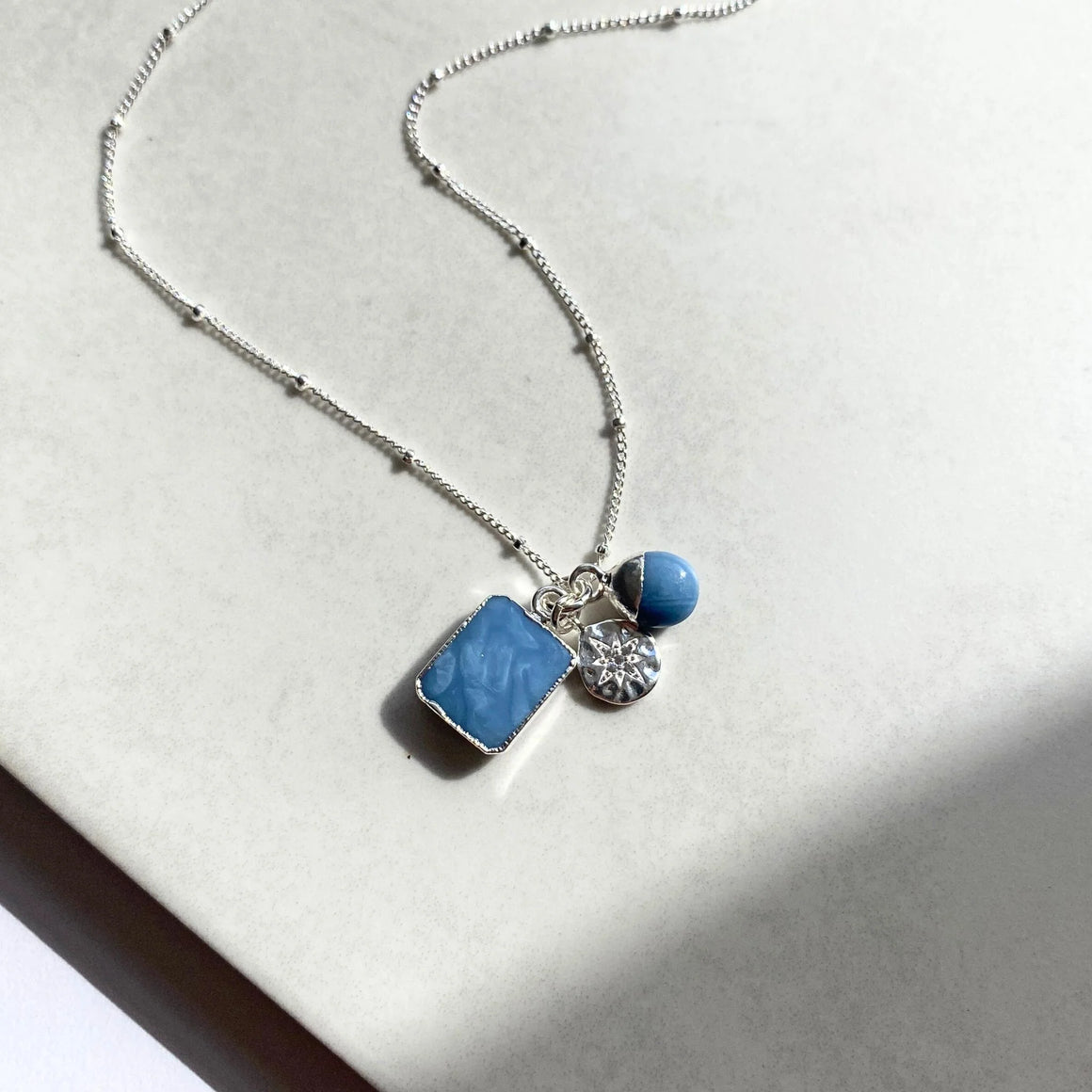 Blue Opal Gem Slice Triple Necklace - Purity (Silver)