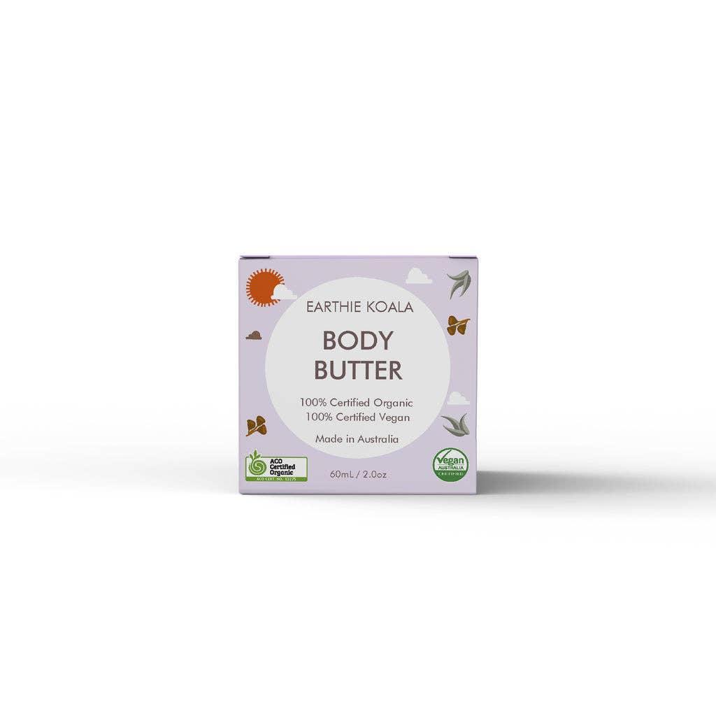 Body Butter 60ml - Earthie Koala packaging featuring organic and vegan certifications.