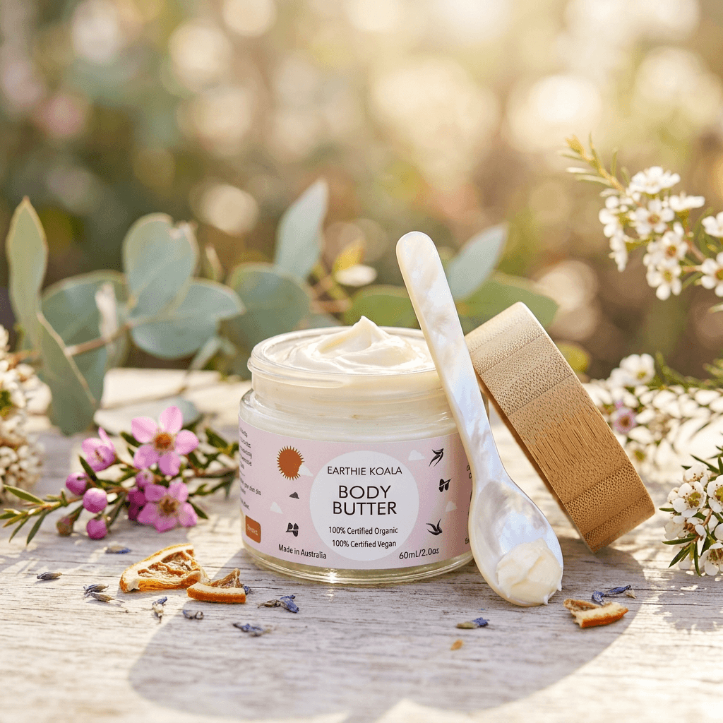 Body Butter 60ml - Earthie Koala in a natural setting, showcasing the cream and wooden spoon.