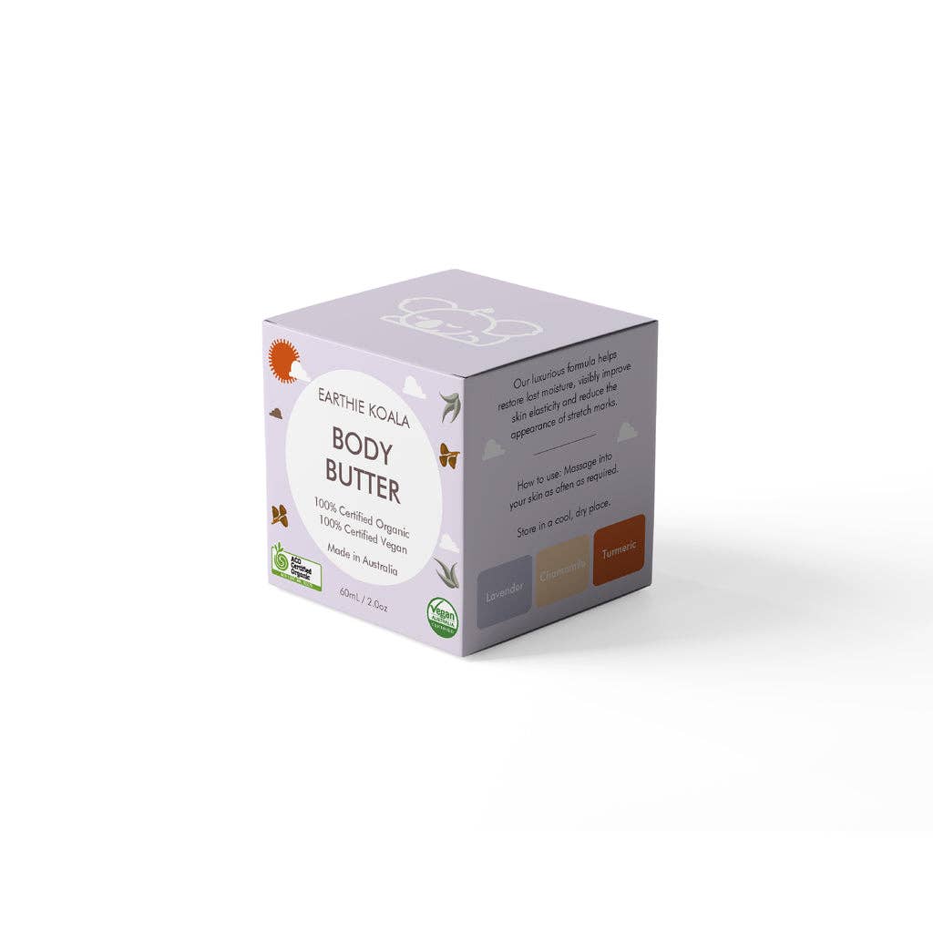 Body Butter 60ml - Earthie Koala product packaging featuring calming chamomile and lavender ingredients.