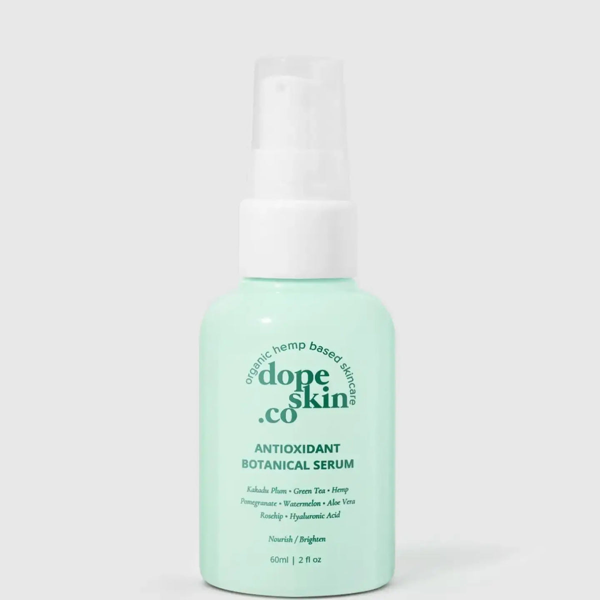 Mint green bottle of Dope Skin Co. Antioxidant Botanical Serum on a white background