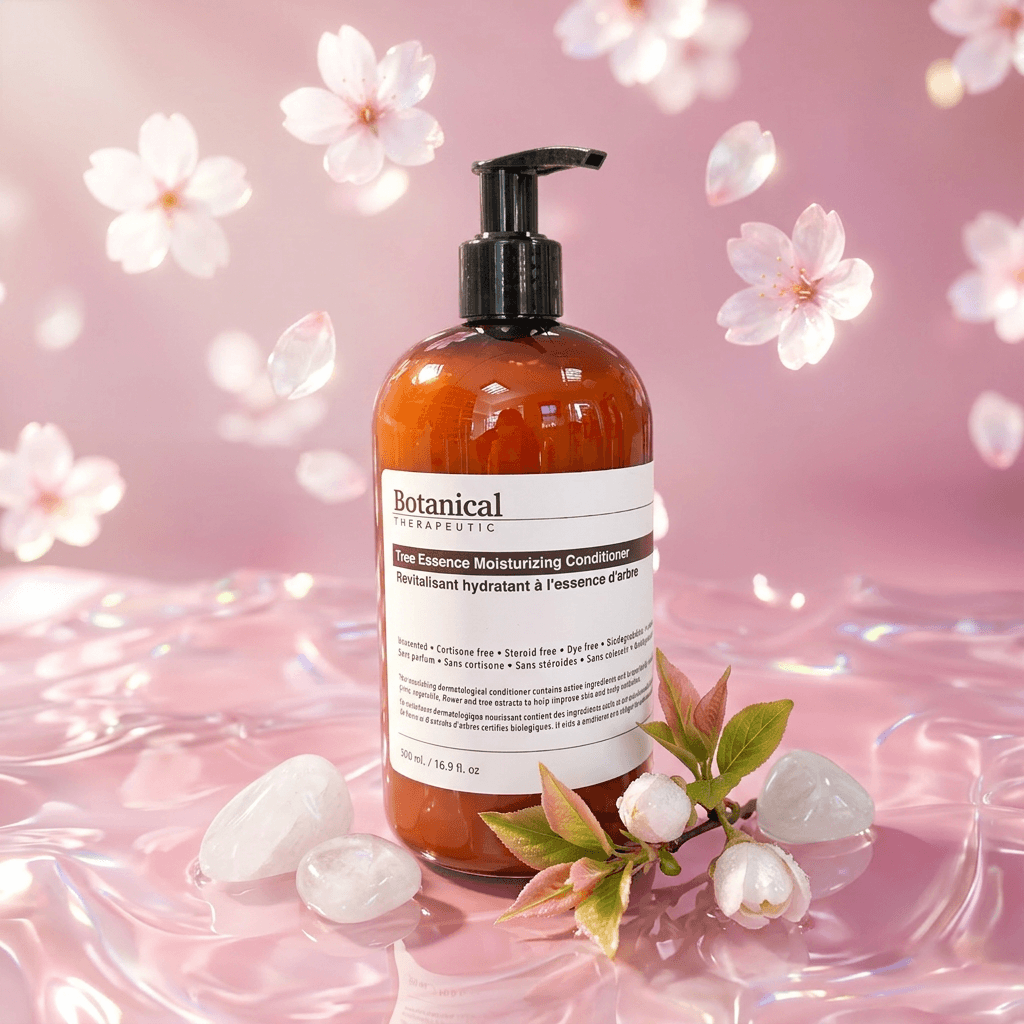 Botanical Therapeutics conditioner bottle with cherry blossoms on a pink floral background
