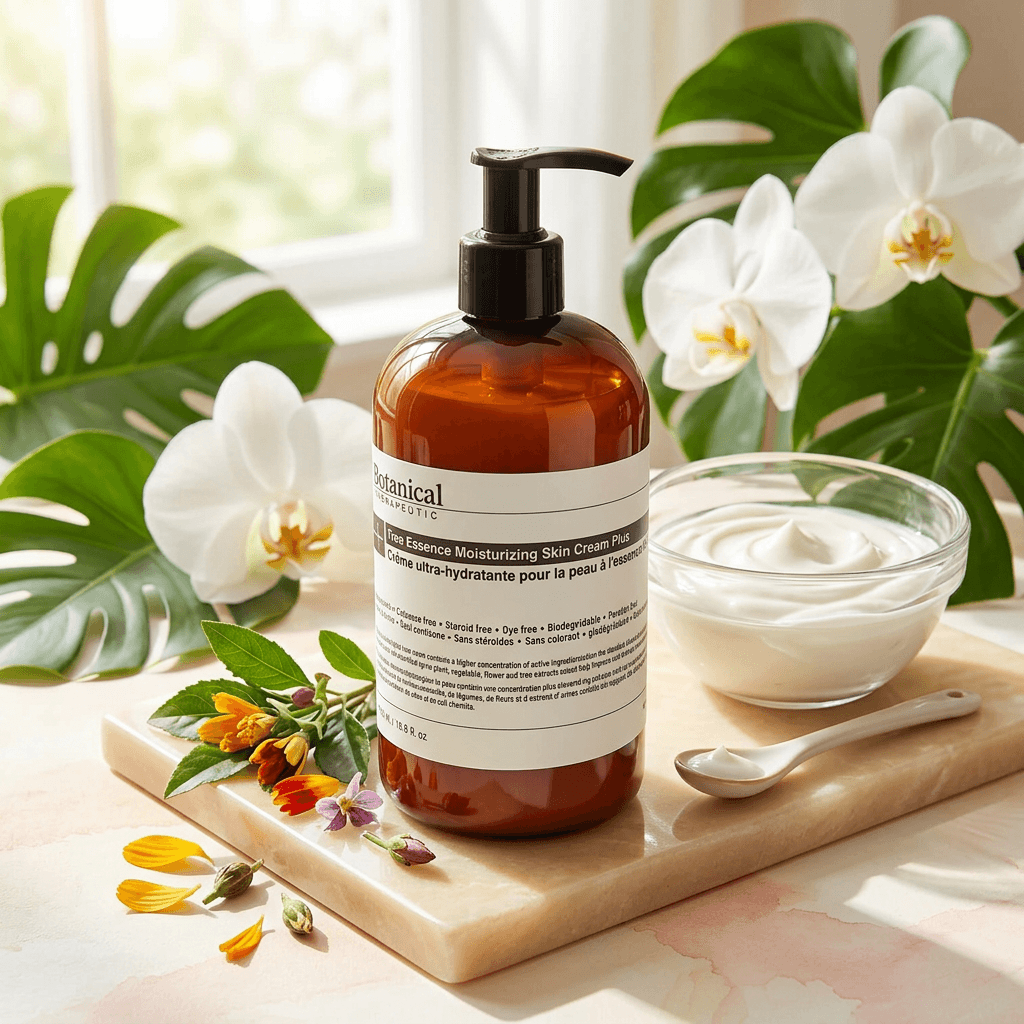 Cosmetic Botanicals skincare cream with pump on a wooden board with flowers and cream.