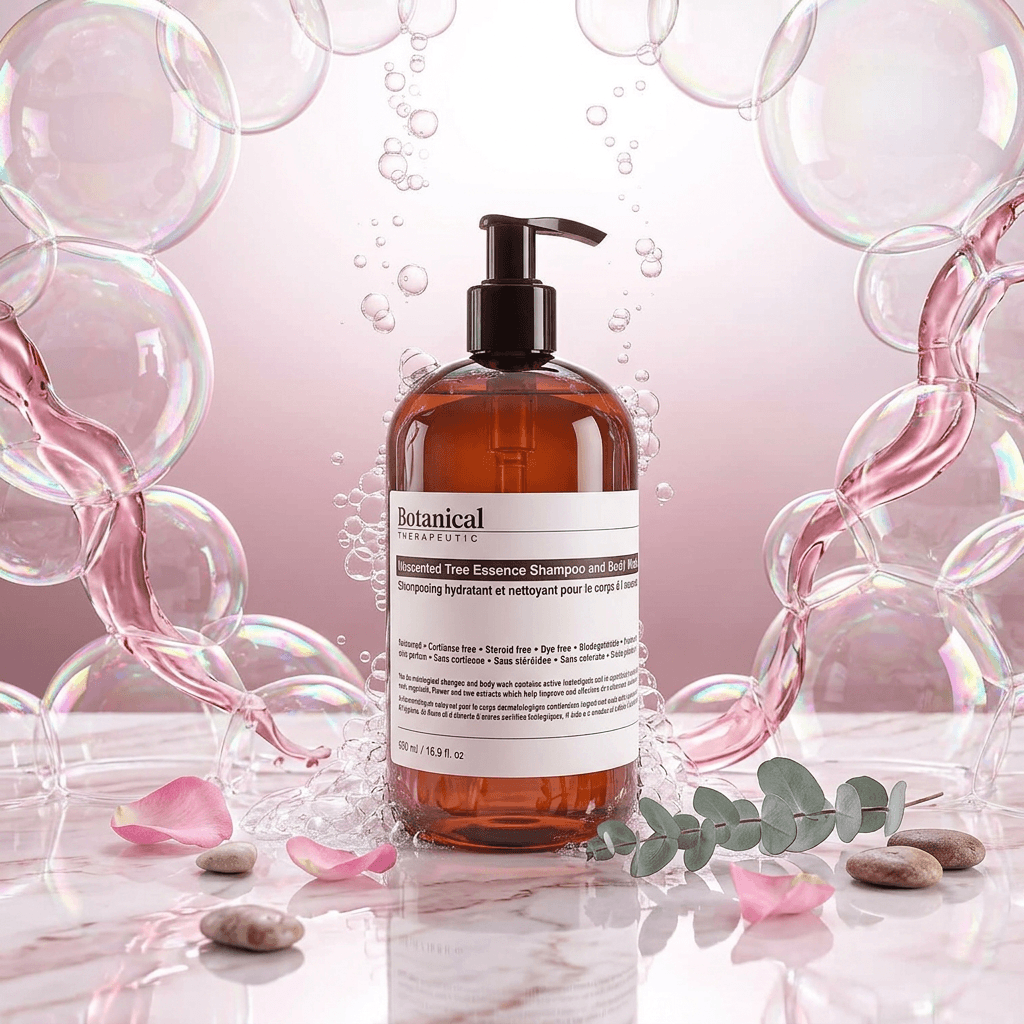 Brown bottle with pump and white label on a pink background with bubbles and eucalyptus leaves.