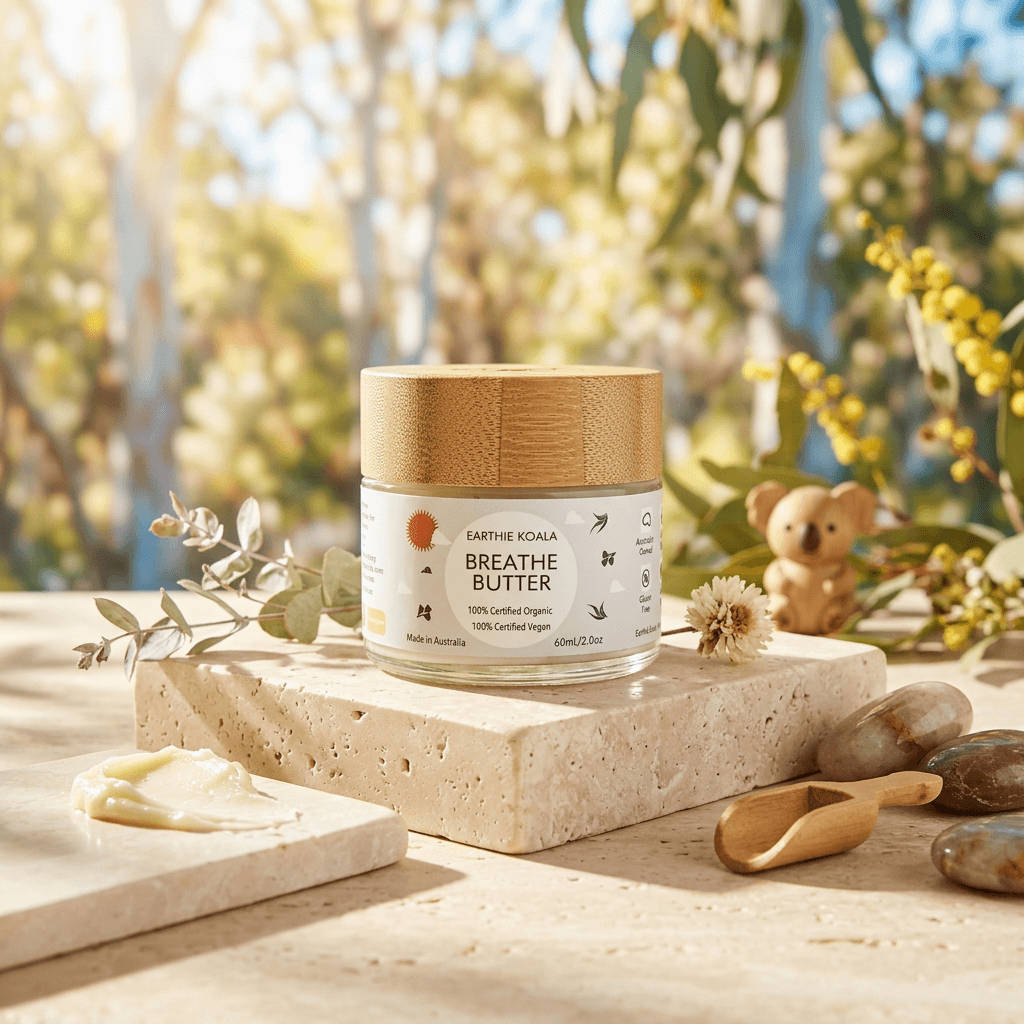 Breathe Butter 60ml - Earthie Koala in a natural setting with stones and foliage.