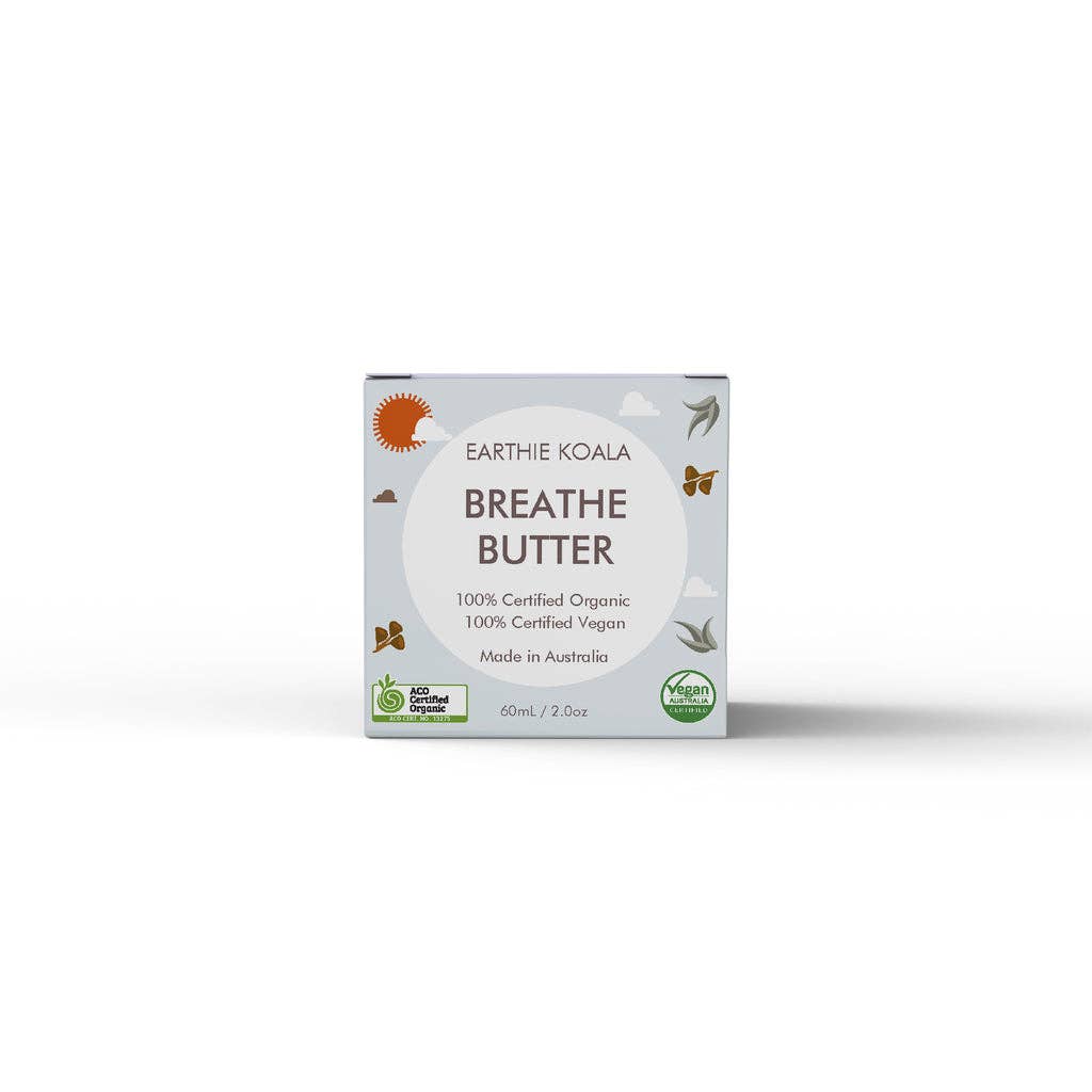 Breathe Butter 60ml - Earthie Koala packaging showcasing 100% certified organic and vegan ingredients.