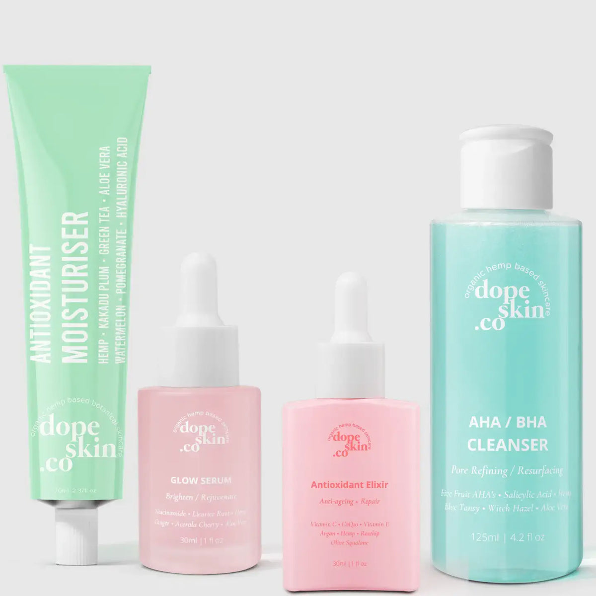 Set of skincare products from Dope Skin Co on a white background