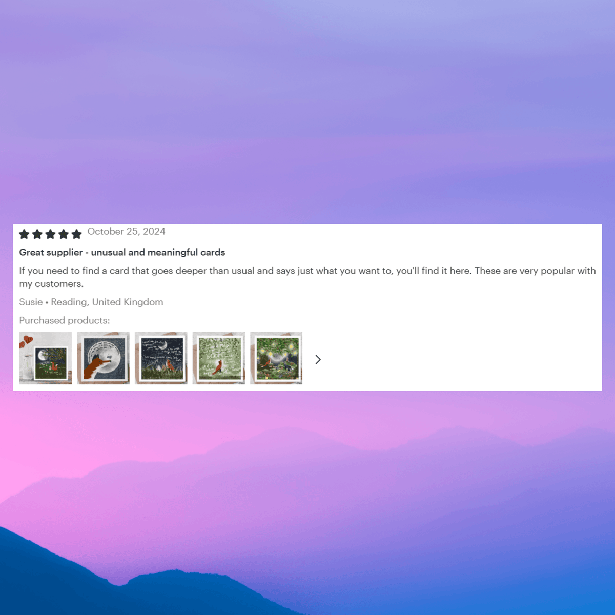 Review for "Broken" Sympathy & Encouragement Card by Fox Under The Moon with customer feedback and ratings.
