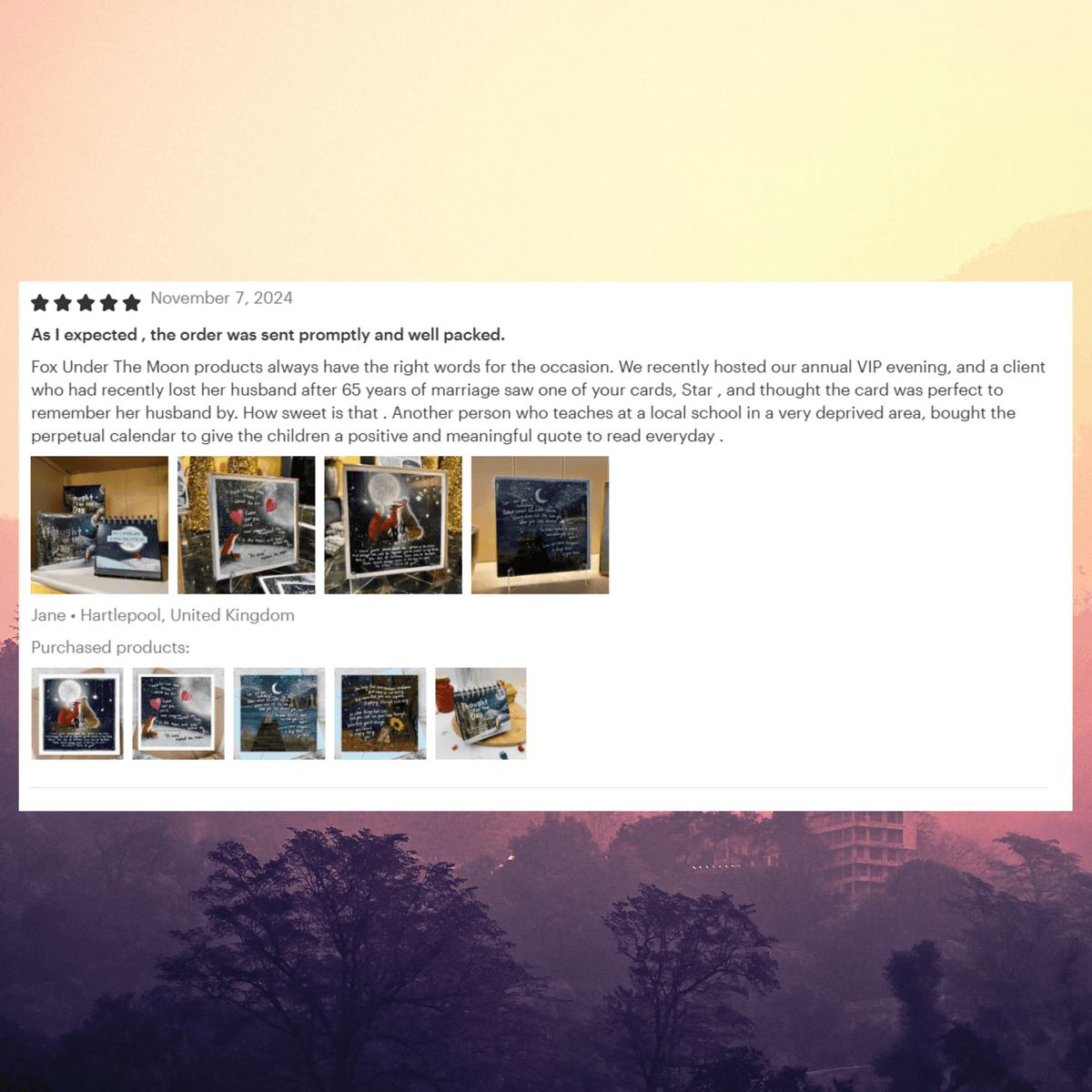 "Broken" Sympathy & Encouragement Card by Fox Under The Moon customer review with heartfelt sentiment and product images.