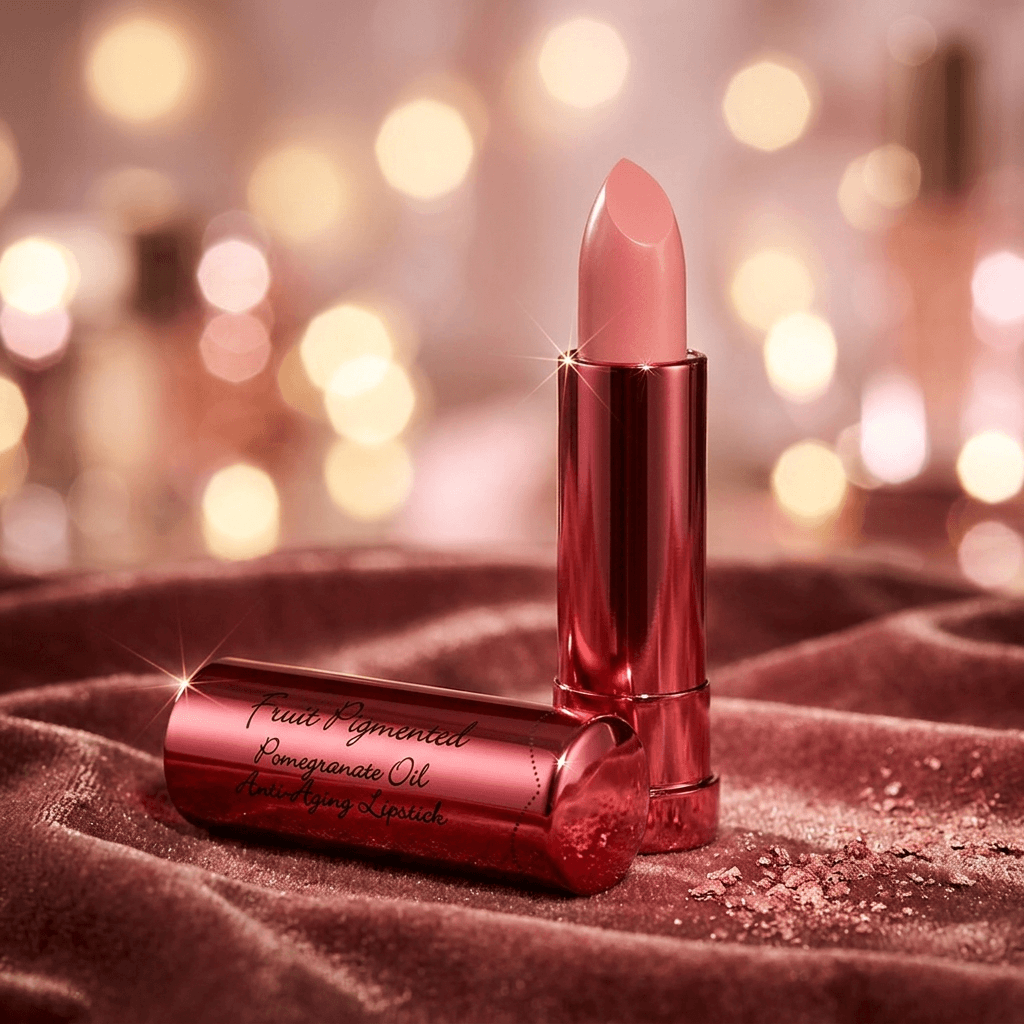 Calendula Fruit Pigmented® Pomegranate Oil Anti-Aging Lipstick in elegant packaging on soft fabric