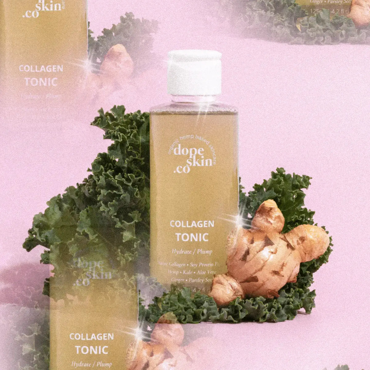 Collagen tonic bottle with kale and ginger on a pink background