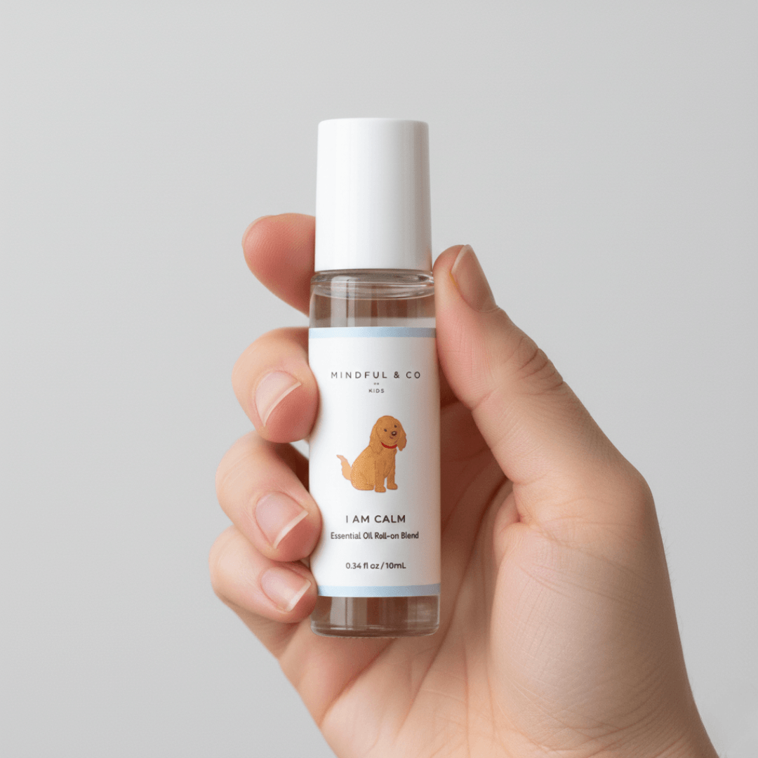 Calming Essential Oil Roller in a hand, featuring a cute dog illustration on the label for child-friendly aromatherapy.