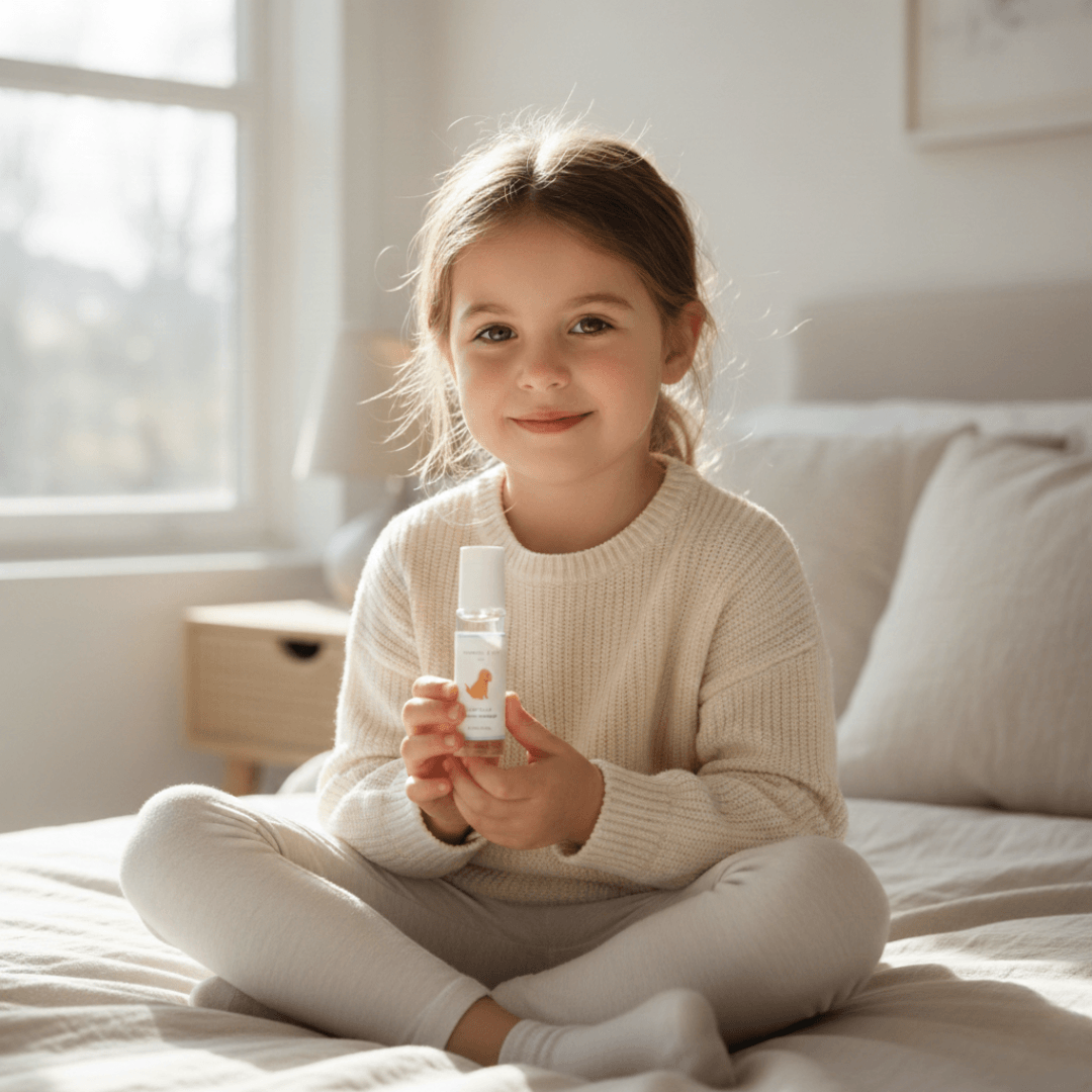 Calming Essential Oil Roller held by a smiling child sitting on a bed in a warm, sunlit room.