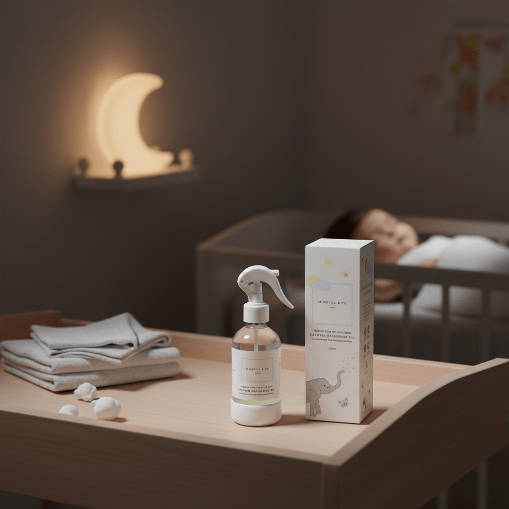 Baby care products on a table with a crib and nightlight in the background