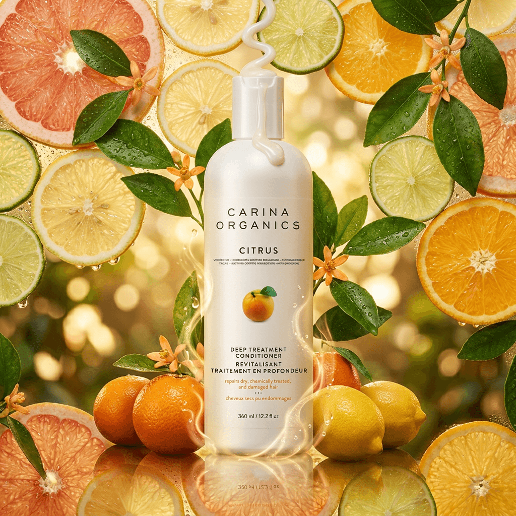 Carina Organics Citrus product with citrus fruits and leaves on a reflective surface