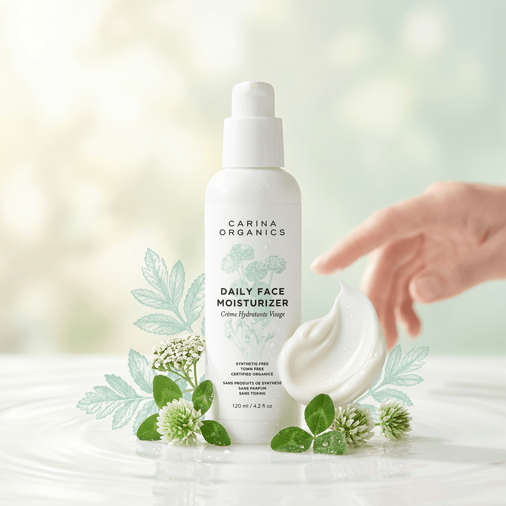 Carina Organics Daily Face Moisturizer bottle with a hand reaching out, surrounded by greenery on a light background.