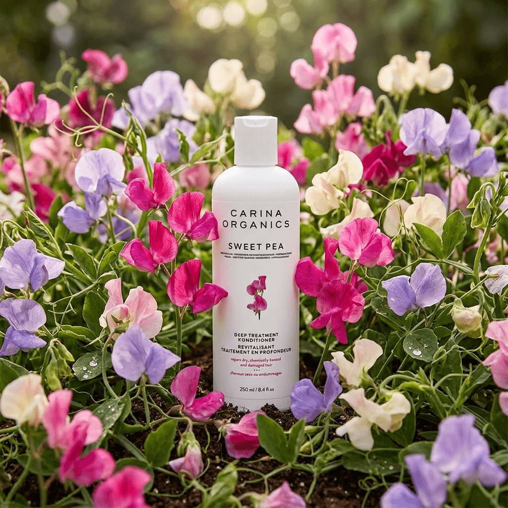Carina Organics Sweet Pea product surrounded by colorful flowers