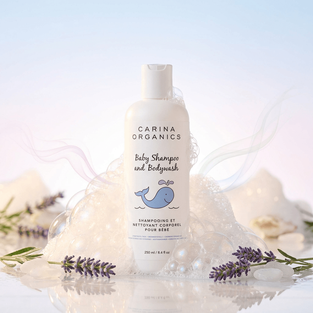 Carina Organics baby shampoo and bodywash bottle with lavender flowers on a light background