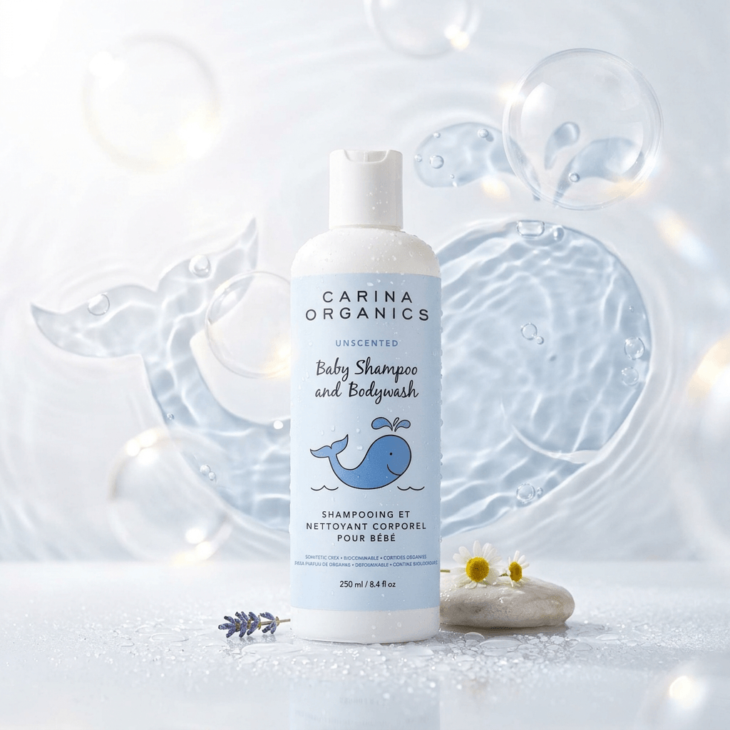 Carina Organics baby shampoo and bodywash bottle with a decorative background
