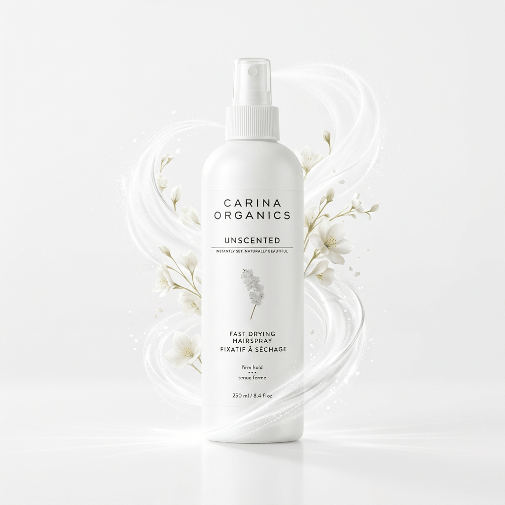 Carina Organics hair spray bottle on a white background with floral elements