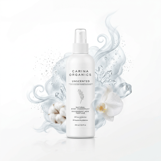 Carina Organics natural body deodorant spray bottle with floral and cotton elements on a white background