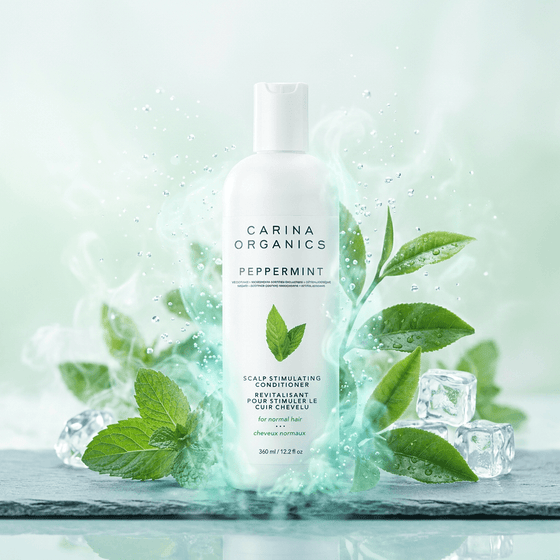 Carina Organics peppermint shampoo bottle with green leaves and ice cubes on a light green background