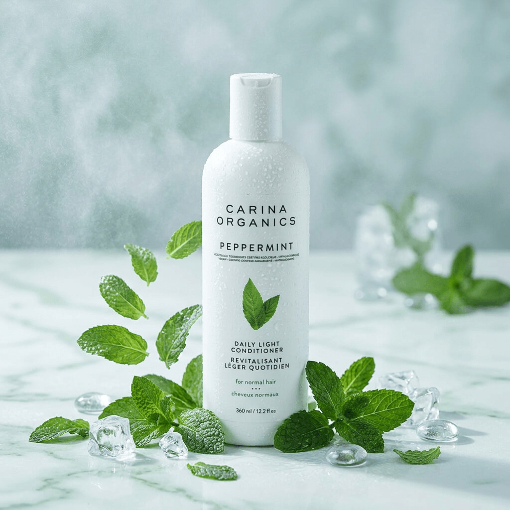 Carina Organics peppermint product bottle with mint leaves on a marble surface