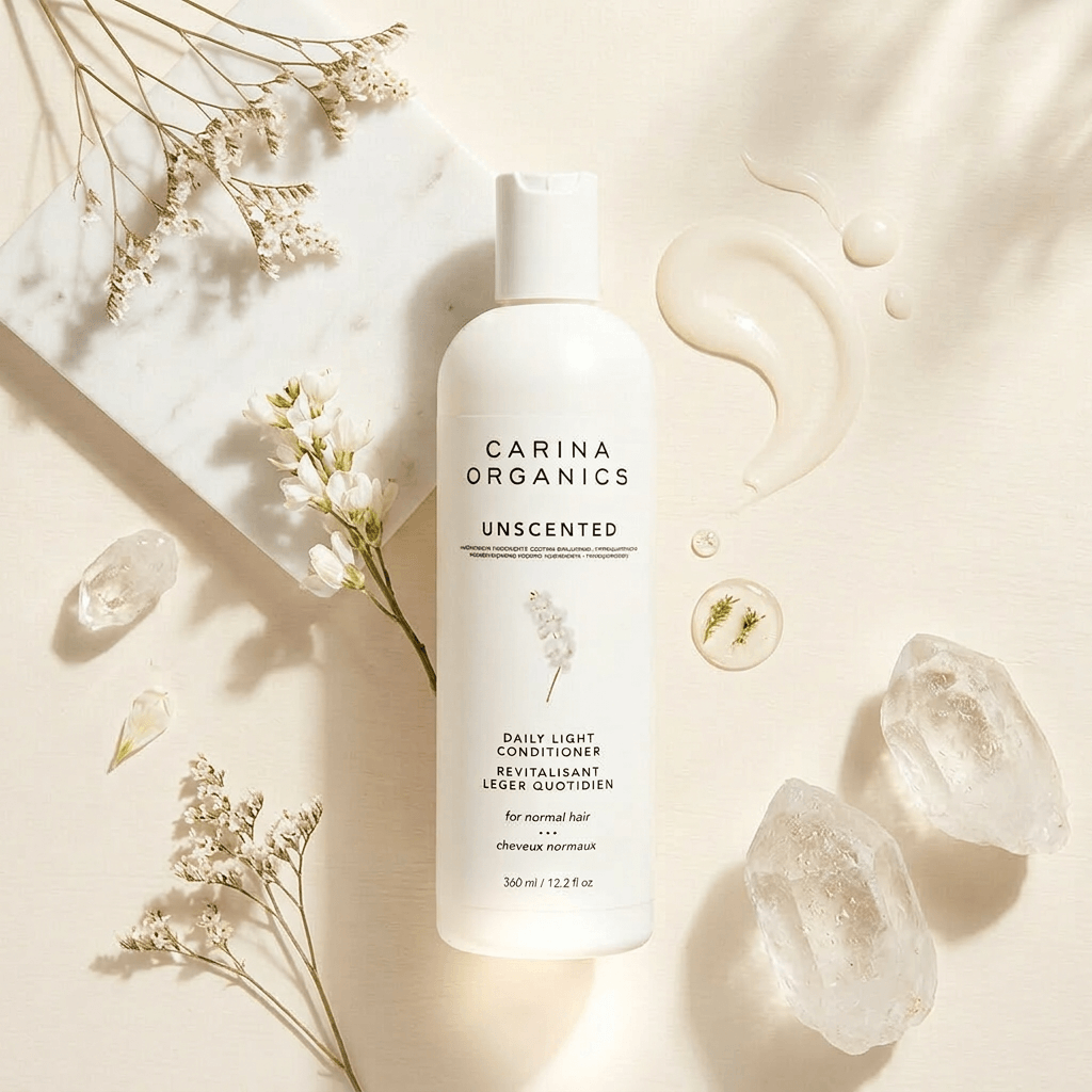 Carina Organics unscented daily light conditioner bottle on a marble surface with flowers and crystals.