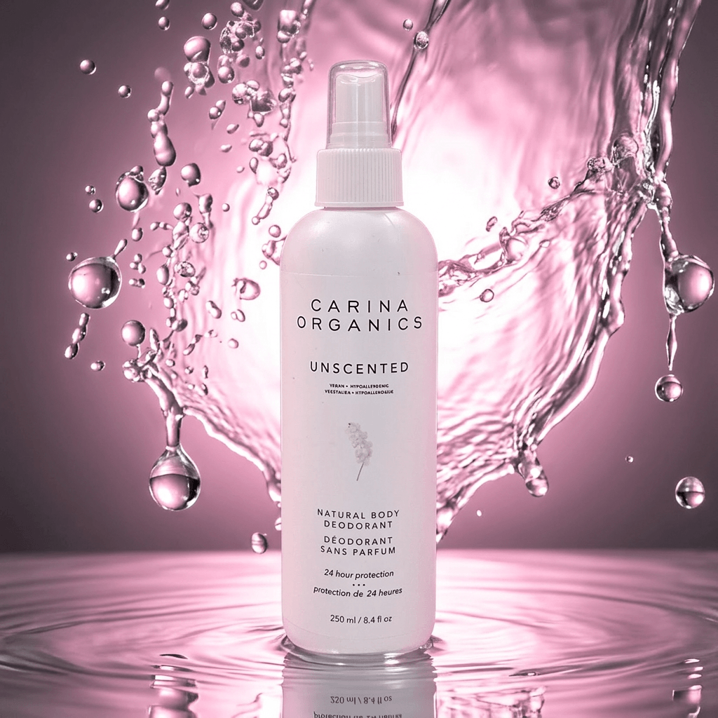 Carina Organics unscented deodorant bottle with water droplets on a pink background