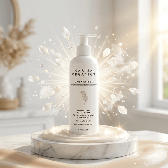 Carina Organics unscented product on a marble surface with decorative elements