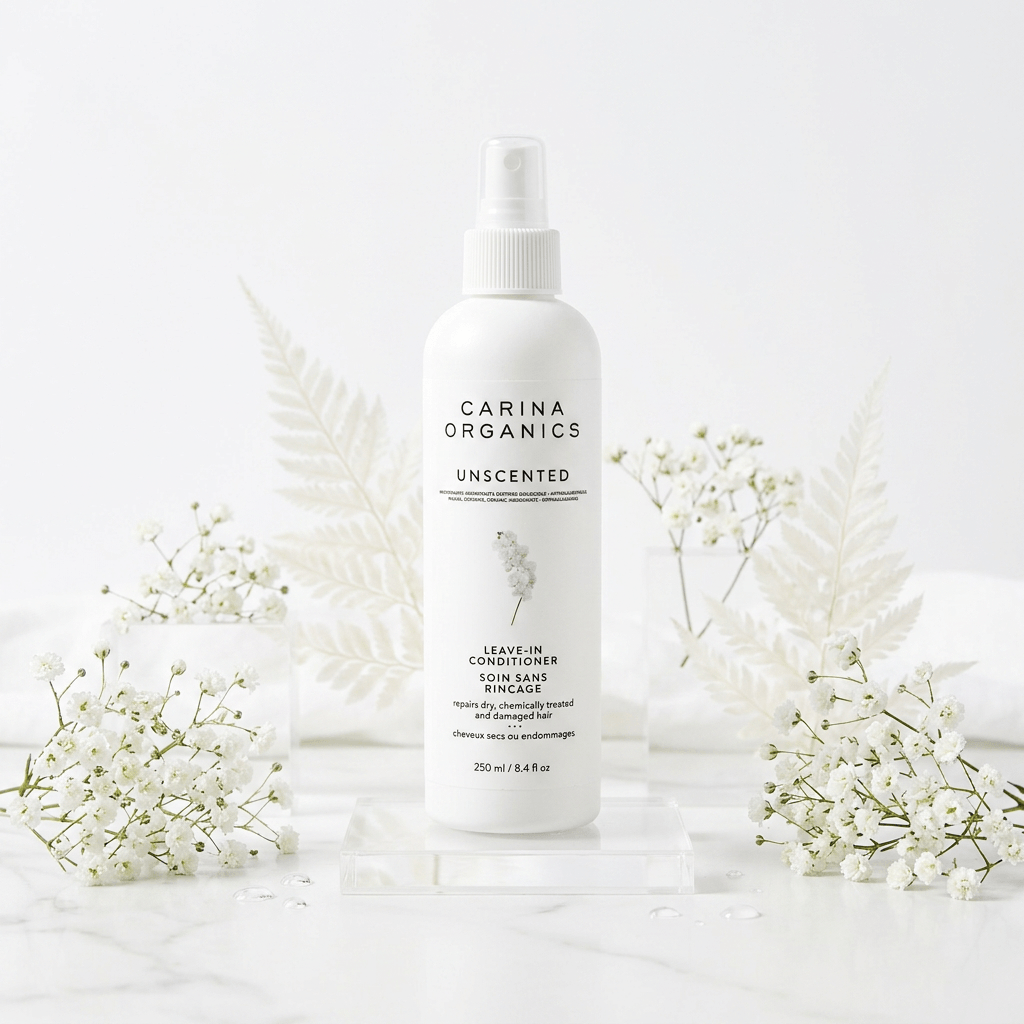 Carina Organics unscented leave-in conditioner bottle with white flowers on a light background