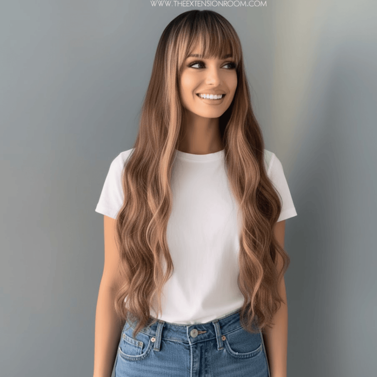 Highlighted Wig: Model wearing Carmen Long Highlighted Brown Body Wave Wig with Bangs, showcasing volume and movement.