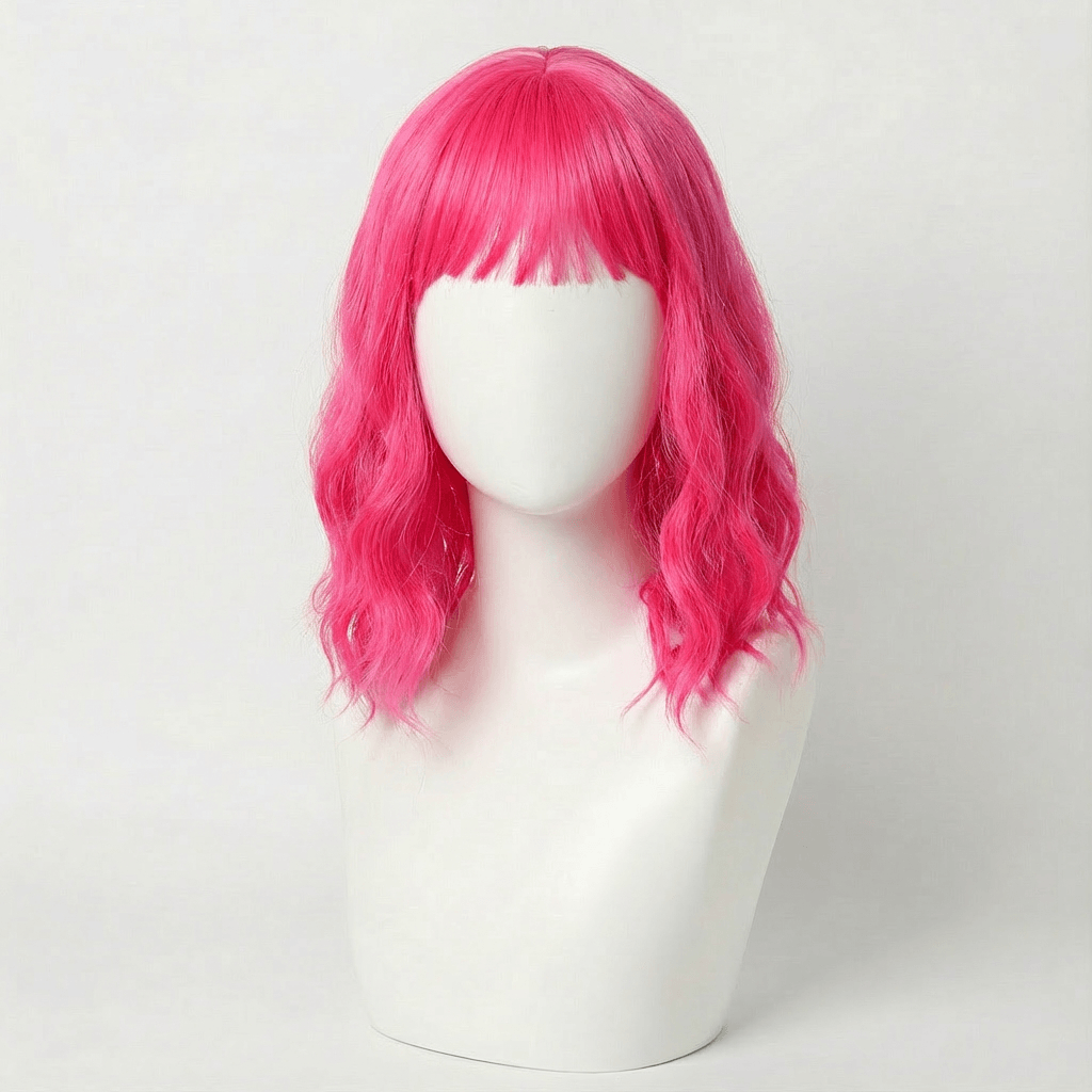 Cerise Short Neon Pink Wig With Bangs, featuring vibrant neon pink color and soft waves.