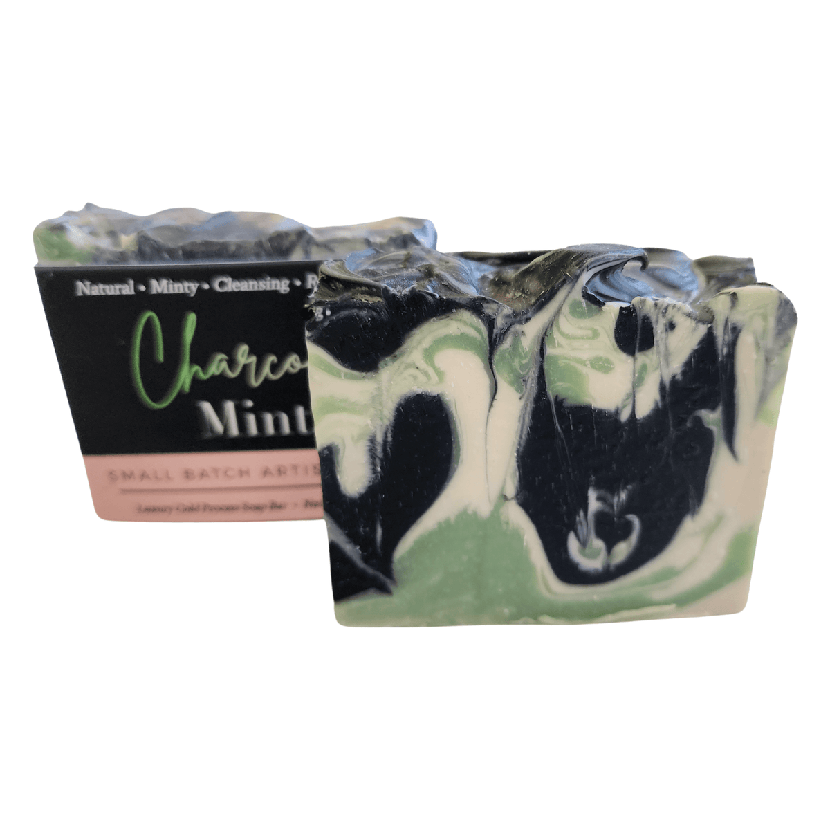 Charcoal Mint Soap Bar - Soap Boutique showcasing a handcrafted bar with a unique black and green swirl design.