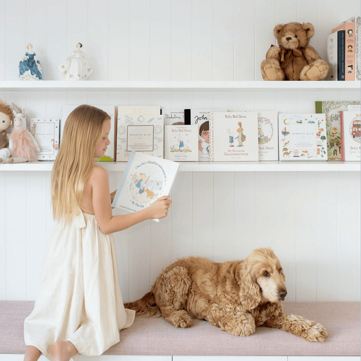 A girl reading Charlie's Mindful Adventures By The Sea to a dog on a cozy shelf with children's books.
