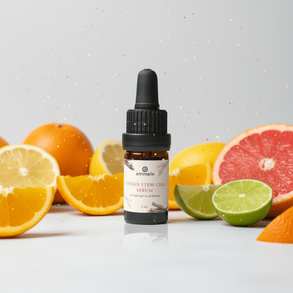 Bottle of serum with citrus fruits on a light gray background