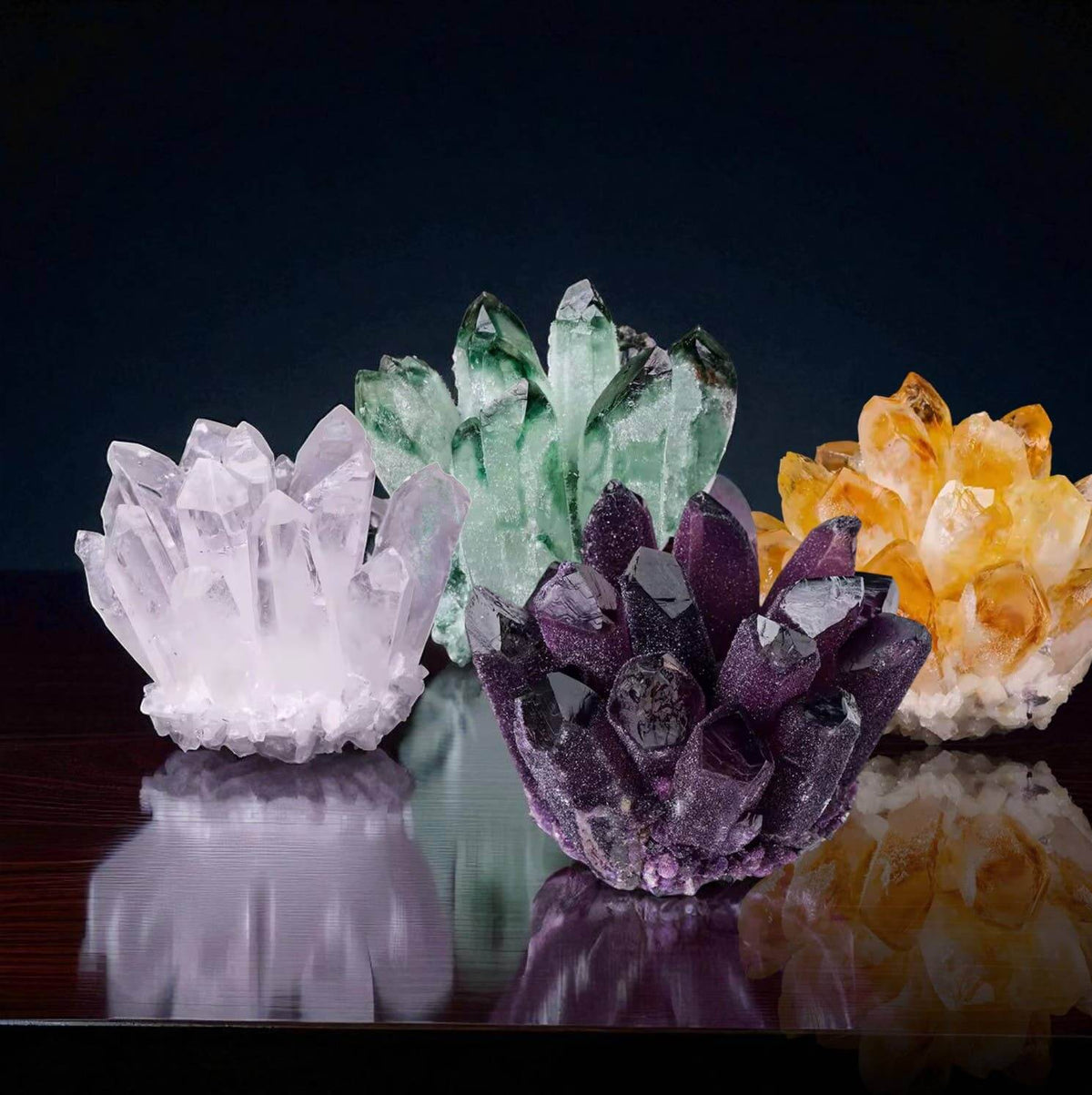 Cluster Crystal Rock Stones Display featuring various unique crystal clusters on a polished surface.