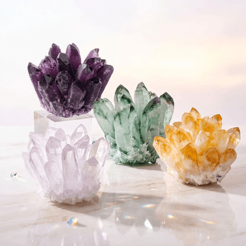 Cluster Crystal Rock Stones Display showcasing various natural crystal clusters in vibrant colors.
