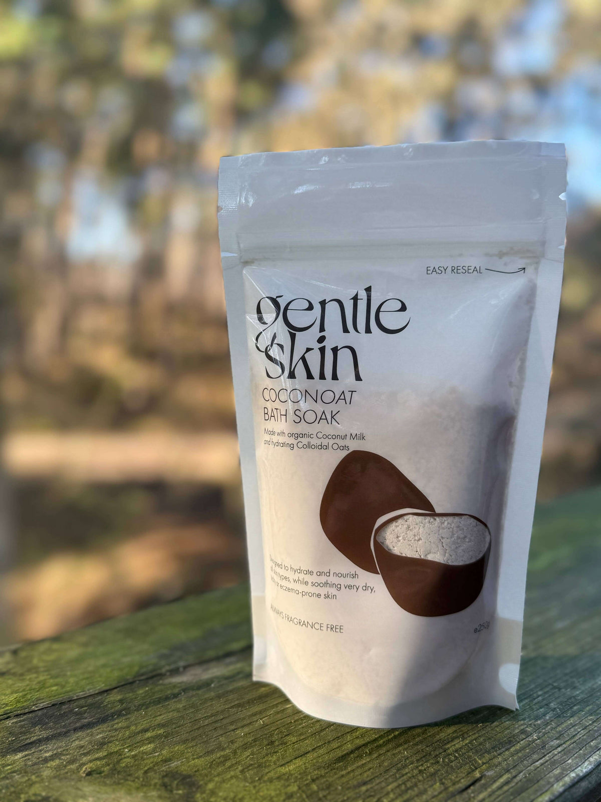 Coconoat Bath Soak for sensitive skin in a resealable package, showcasing its creamy, nourishing ingredients.