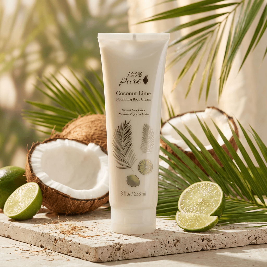 Tube of 100% Pure Coconut Lime Nourishing Body Cream with coconuts and limes on a natural background